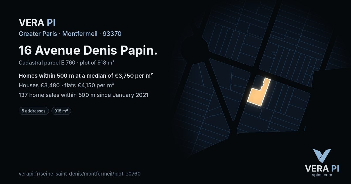 16 Avenue Denis Papin, Montfermeil at night – the plot lit, the parcels around coloured by the prices near them