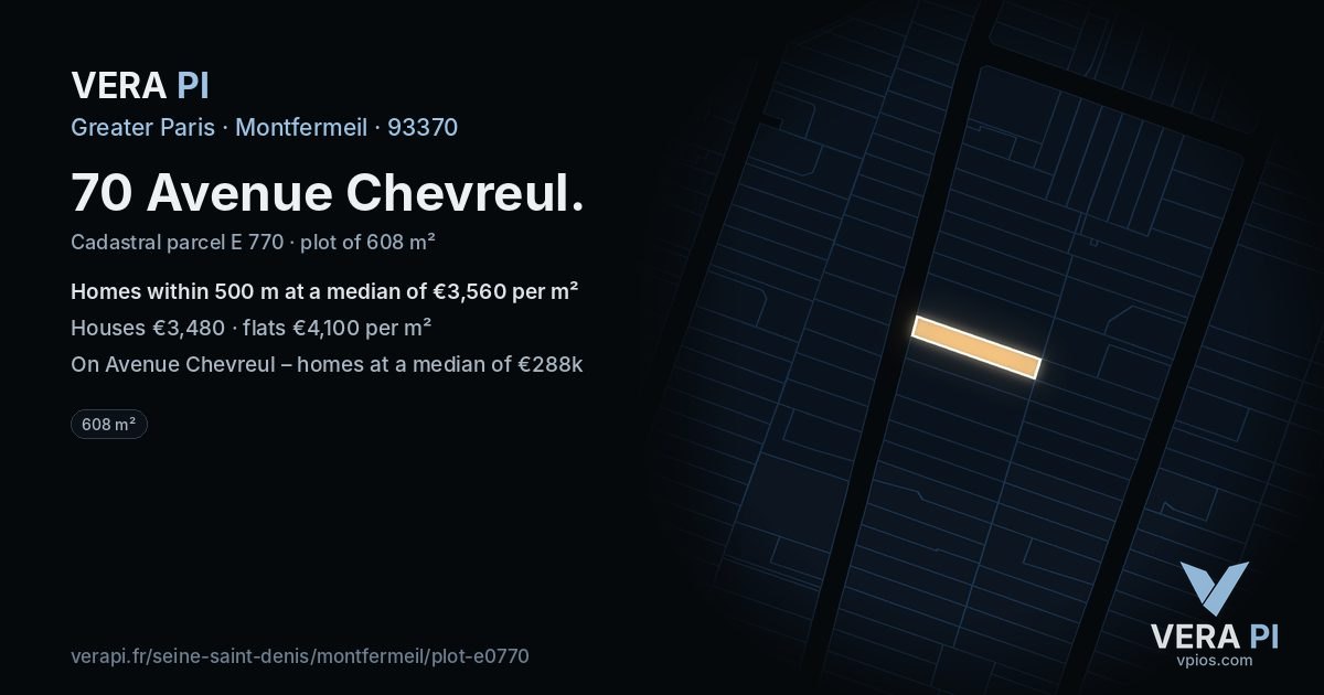 70 Avenue Chevreul, Montfermeil at night – the plot lit, the parcels around coloured by the prices near them