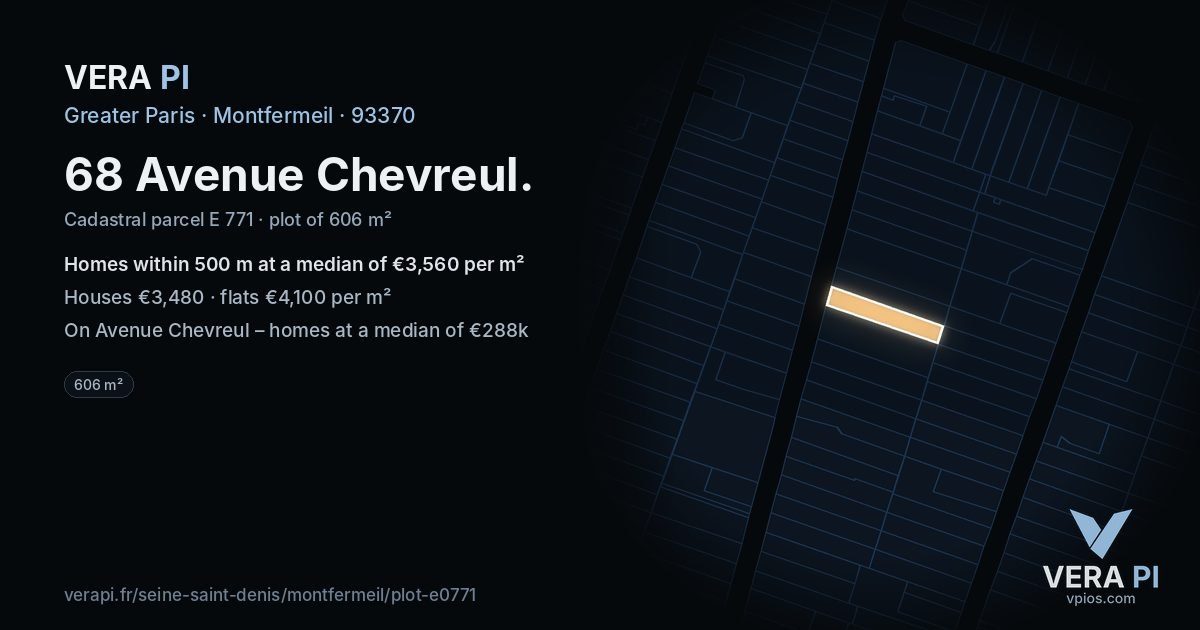68 Avenue Chevreul, Montfermeil at night – the plot lit, the parcels around coloured by the prices near them