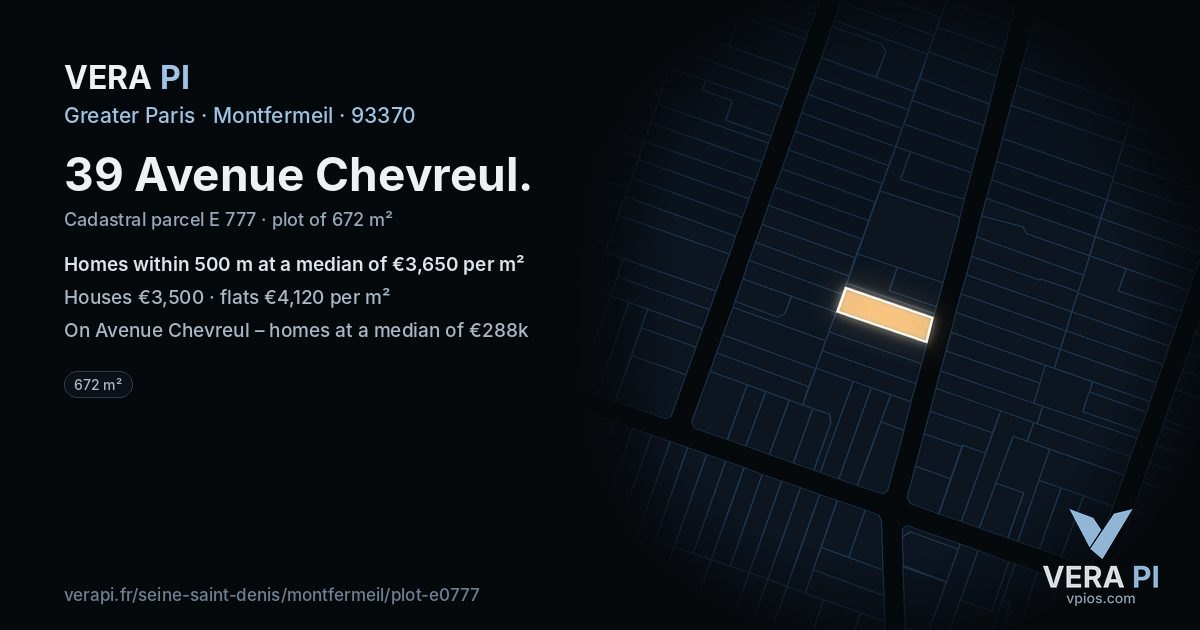 39 Avenue Chevreul, Montfermeil at night – the plot lit, the parcels around coloured by the prices near them
