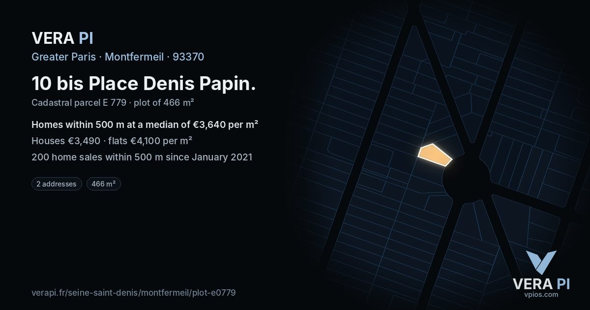 10 bis Place Denis Papin, Montfermeil at night – the plot lit, the parcels around coloured by the prices near them