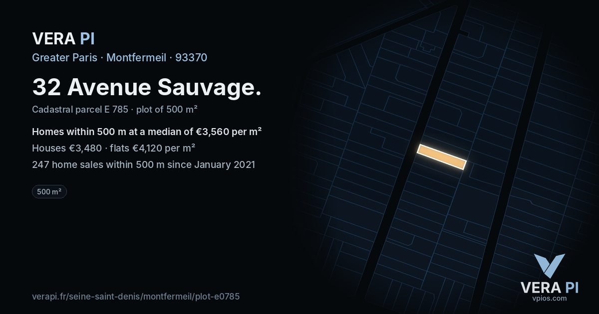 32 Avenue Sauvage, Montfermeil at night – the plot lit, the parcels around coloured by the prices near them