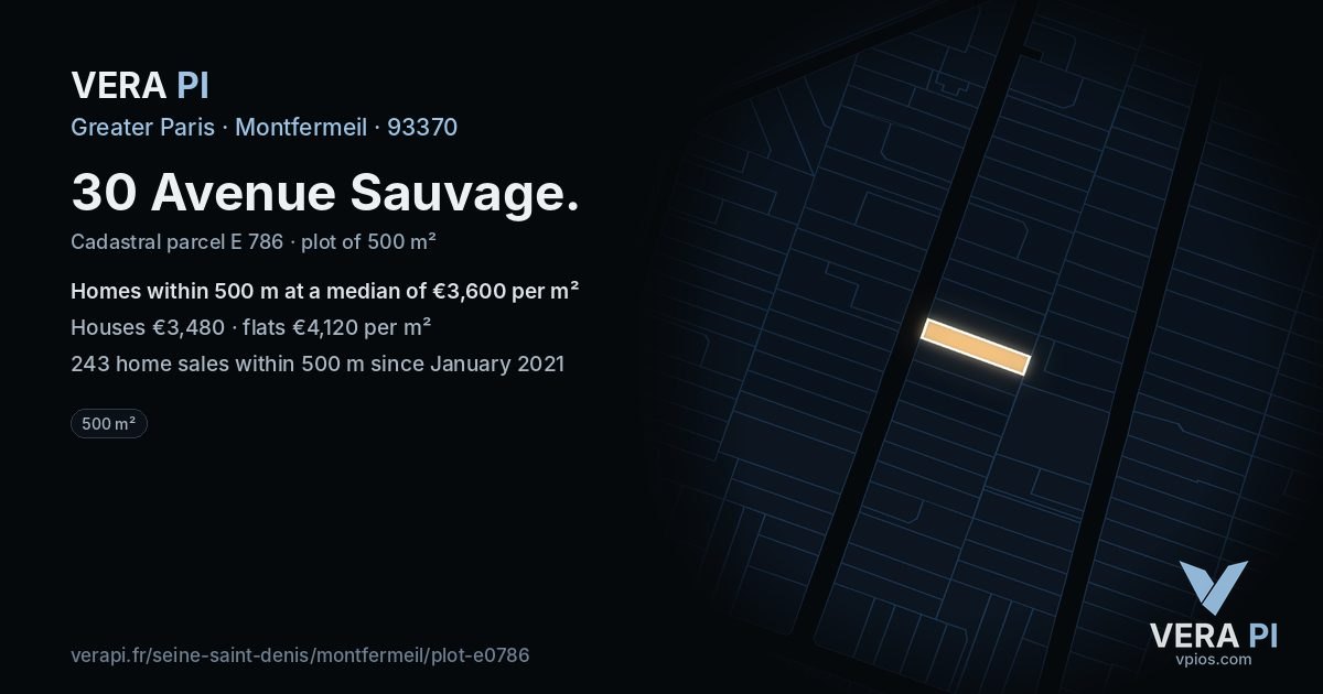 30 Avenue Sauvage, Montfermeil at night – the plot lit, the parcels around coloured by the prices near them