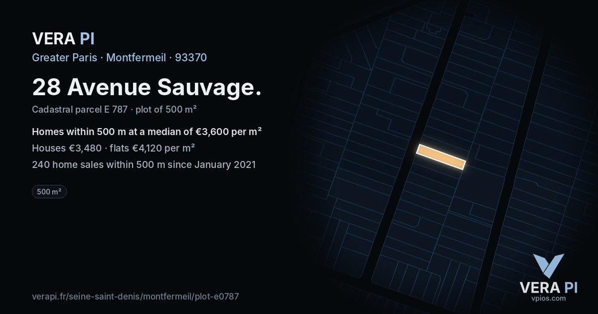 28 Avenue Sauvage, Montfermeil at night – the plot lit, the parcels around coloured by the prices near them