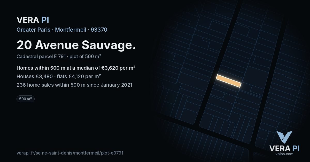 20 Avenue Sauvage, Montfermeil at night – the plot lit, the parcels around coloured by the prices near them