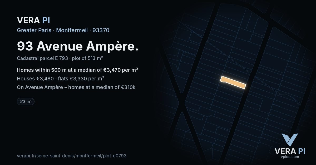 93 Avenue Ampère, Montfermeil at night – the plot lit, the parcels around coloured by the prices near them
