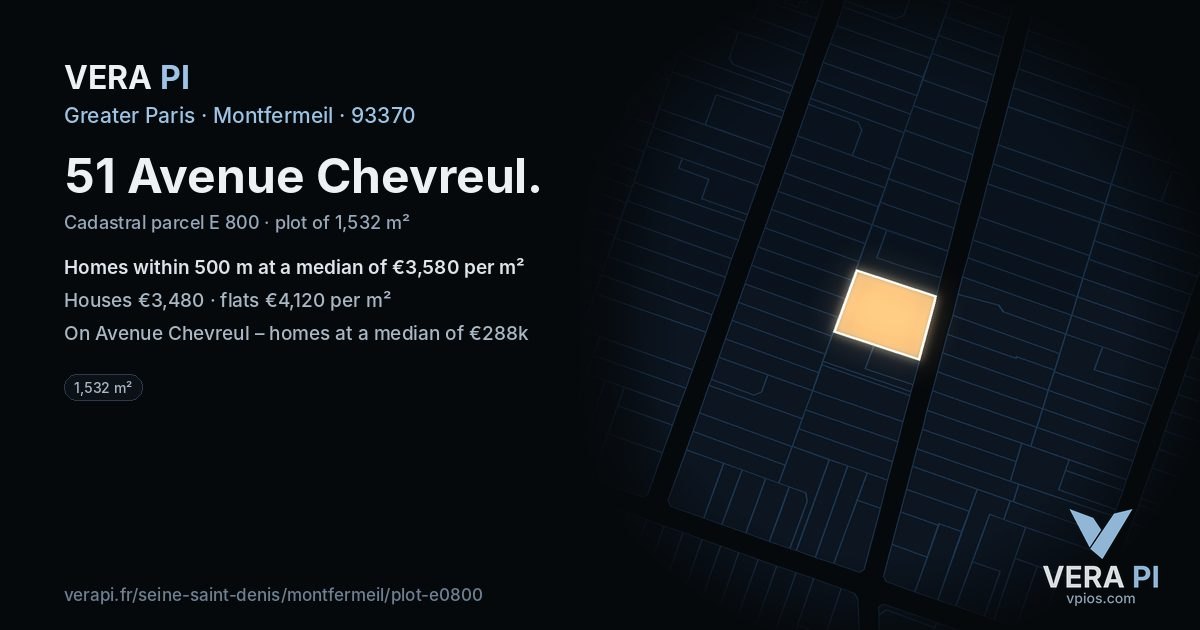 51 Avenue Chevreul, Montfermeil at night – the plot lit, the parcels around coloured by the prices near them