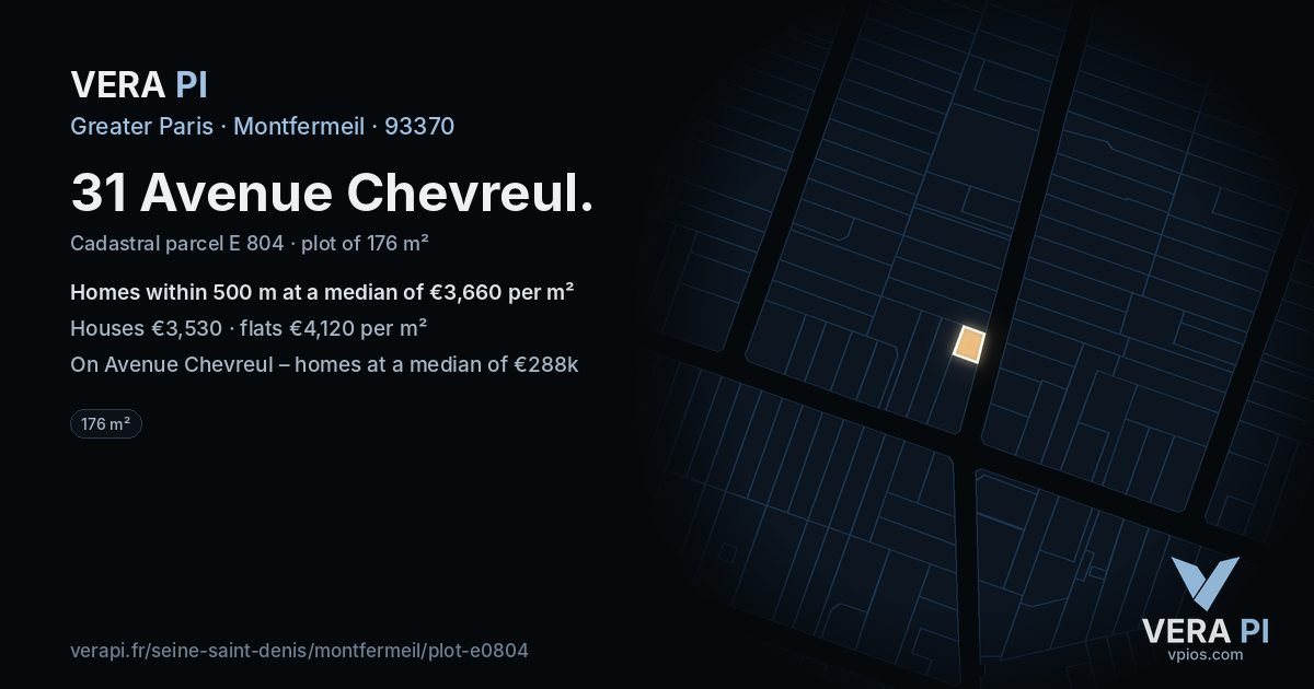 31 Avenue Chevreul, Montfermeil at night – the plot lit, the parcels around coloured by the prices near them