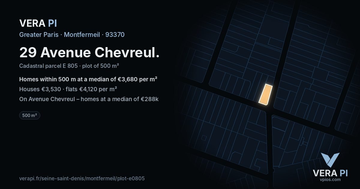 29 Avenue Chevreul, Montfermeil at night – the plot lit, the parcels around coloured by the prices near them