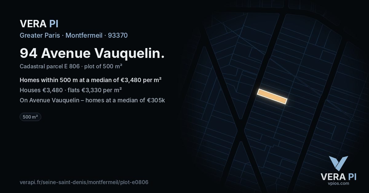 94 Avenue Vauquelin, Montfermeil at night – the plot lit, the parcels around coloured by the prices near them
