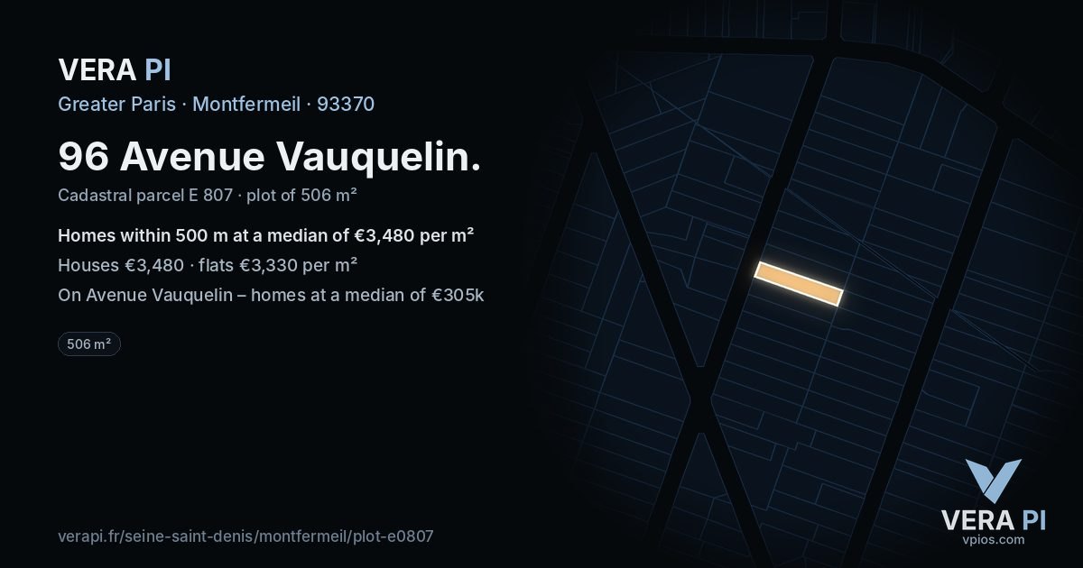 96 Avenue Vauquelin, Montfermeil at night – the plot lit, the parcels around coloured by the prices near them