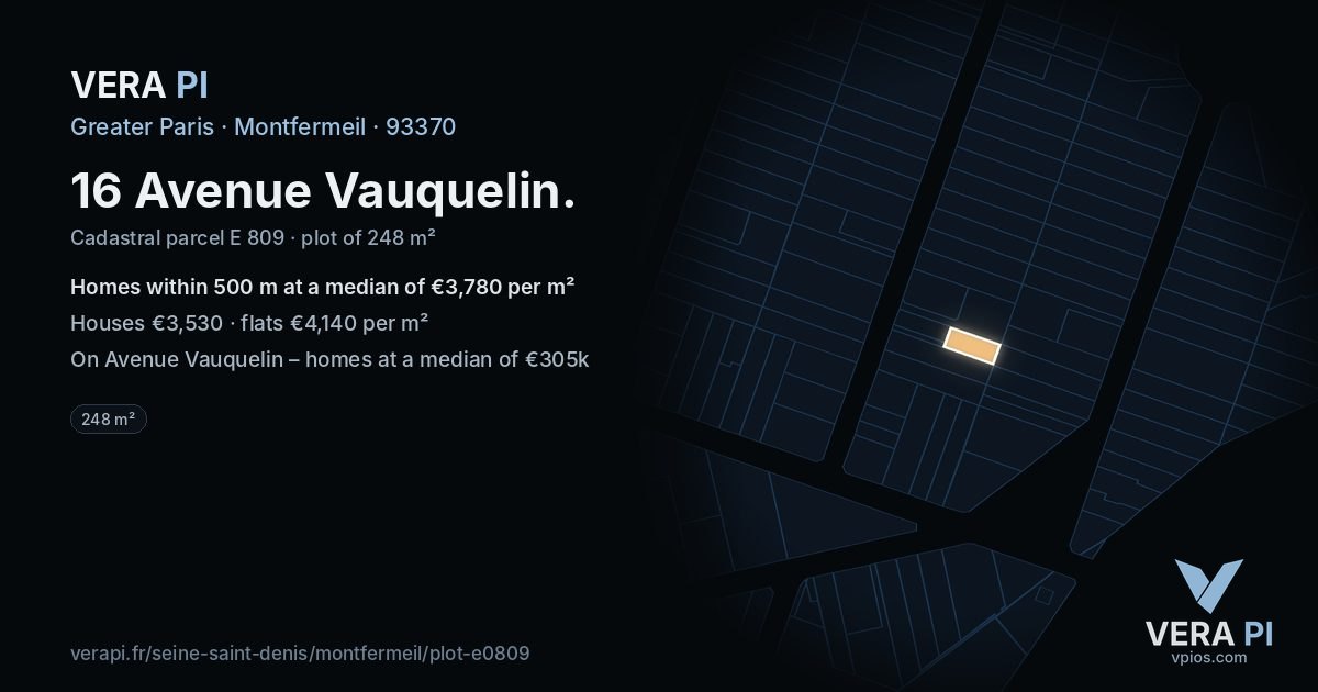 16 Avenue Vauquelin, Montfermeil at night – the plot lit, the parcels around coloured by the prices near them