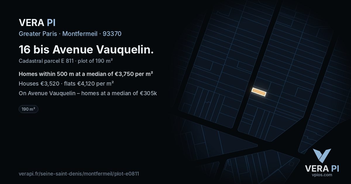 16 bis Avenue Vauquelin, Montfermeil at night – the plot lit, the parcels around coloured by the prices near them