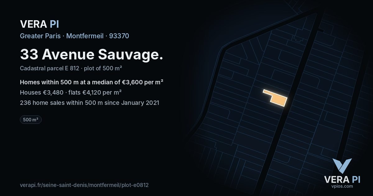 33 Avenue Sauvage, Montfermeil at night – the plot lit, the parcels around coloured by the prices near them