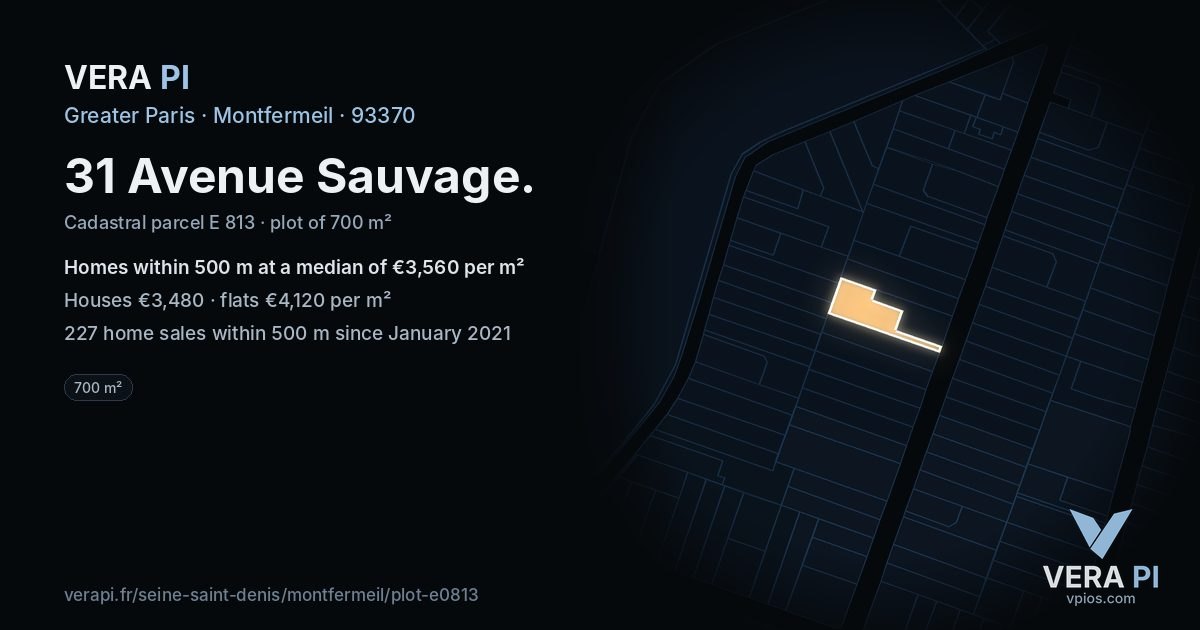 31 Avenue Sauvage, Montfermeil at night – the plot lit, the parcels around coloured by the prices near them