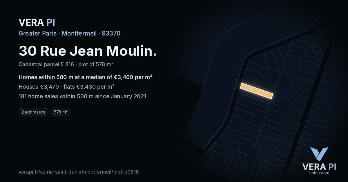 30 Rue Jean Moulin, Montfermeil at night – the plot lit, the parcels around coloured by the prices near them