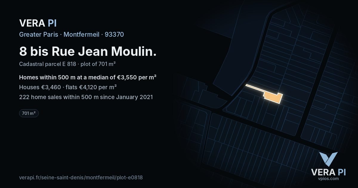 8 bis Rue Jean Moulin, Montfermeil at night – the plot lit, the parcels around coloured by the prices near them