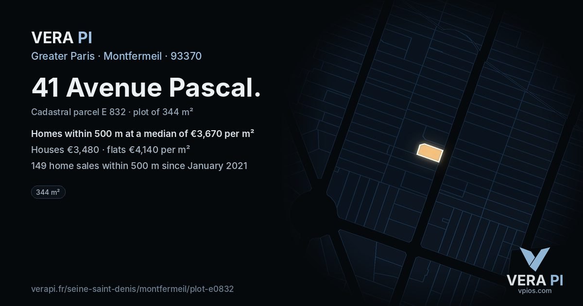 41 Avenue Pascal, Montfermeil at night – the plot lit, the parcels around coloured by the prices near them