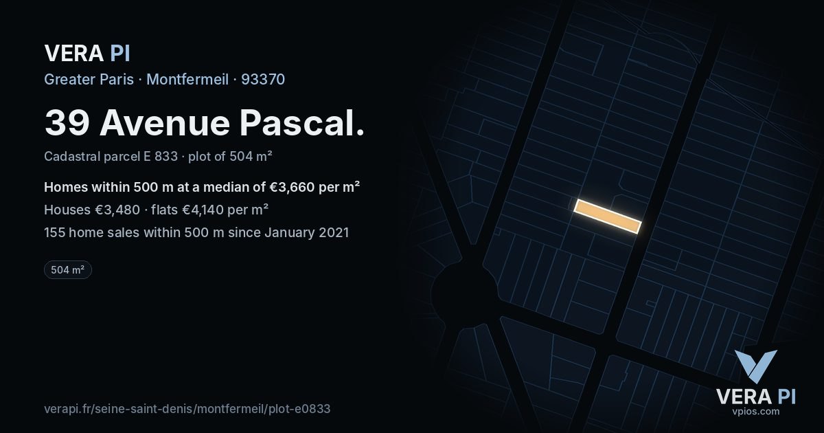 39 Avenue Pascal, Montfermeil at night – the plot lit, the parcels around coloured by the prices near them