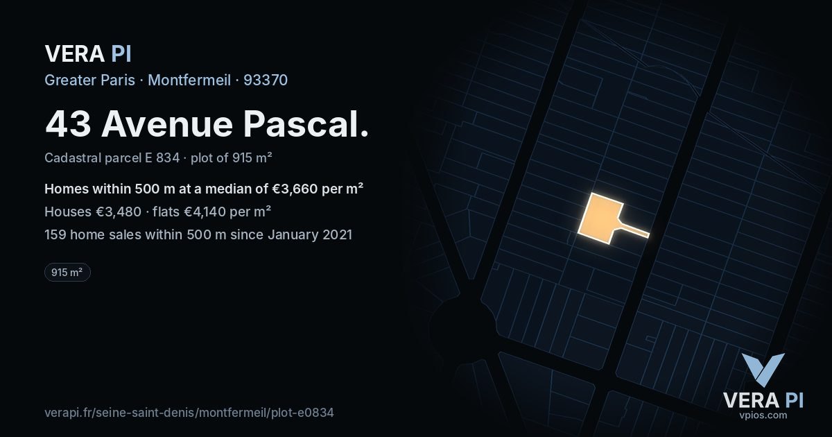 43 Avenue Pascal, Montfermeil at night – the plot lit, the parcels around coloured by the prices near them