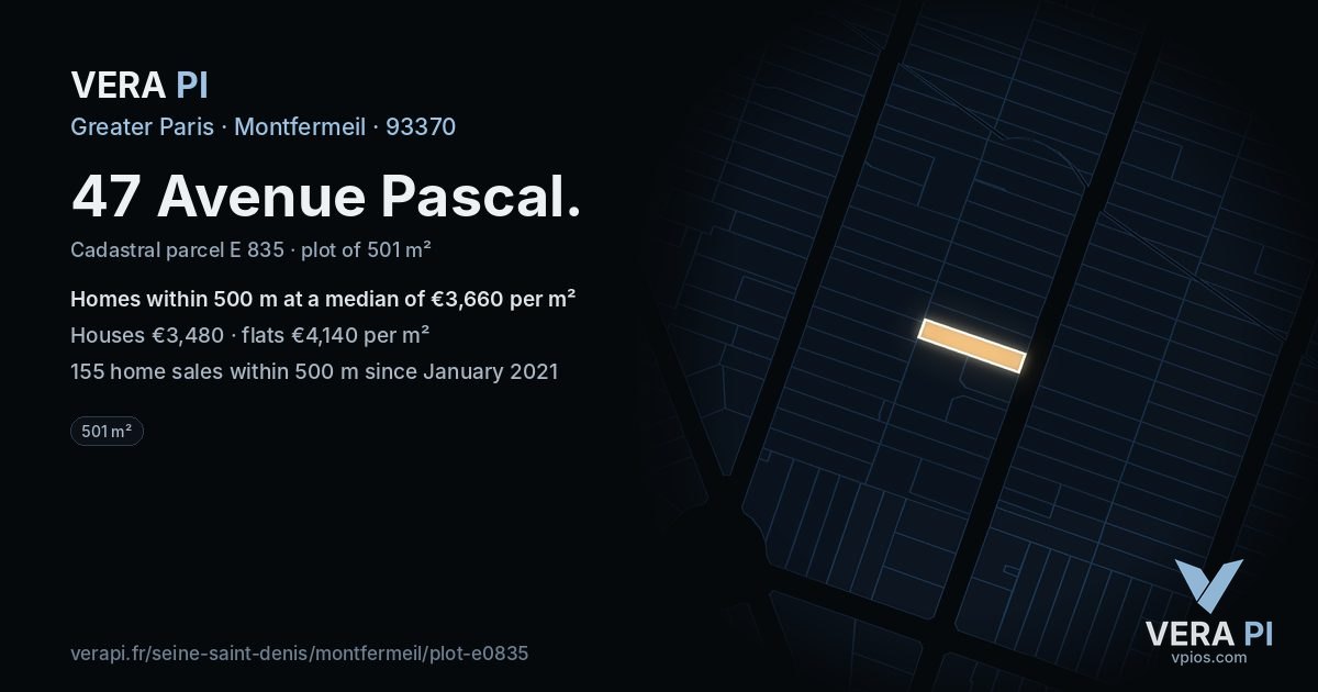 47 Avenue Pascal, Montfermeil at night – the plot lit, the parcels around coloured by the prices near them