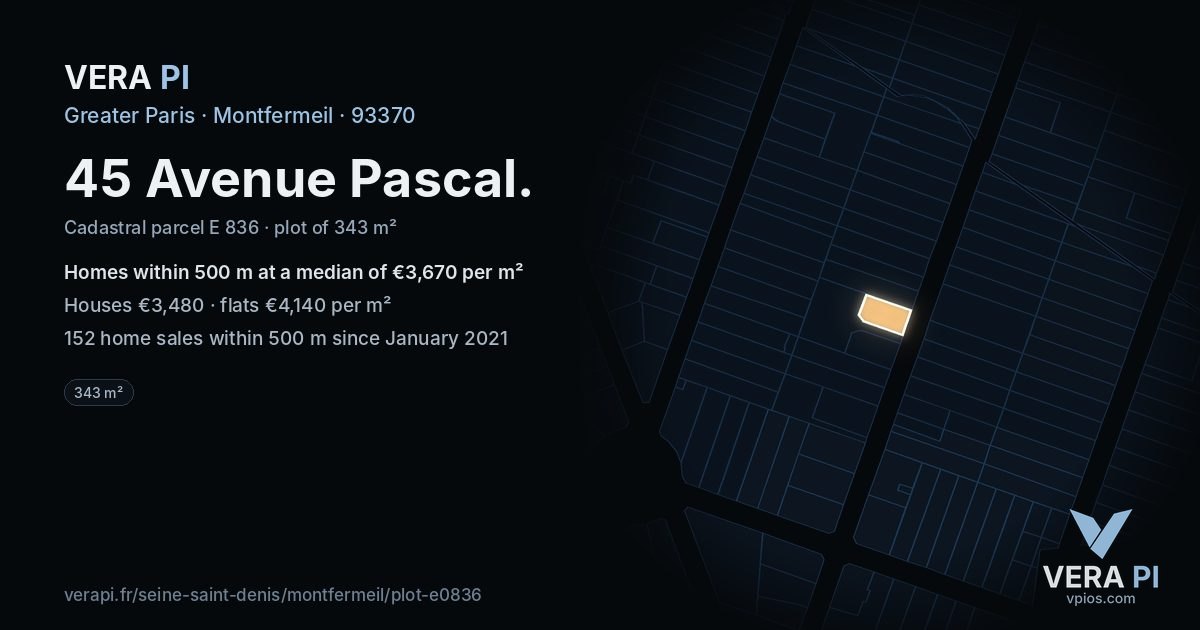 45 Avenue Pascal, Montfermeil at night – the plot lit, the parcels around coloured by the prices near them