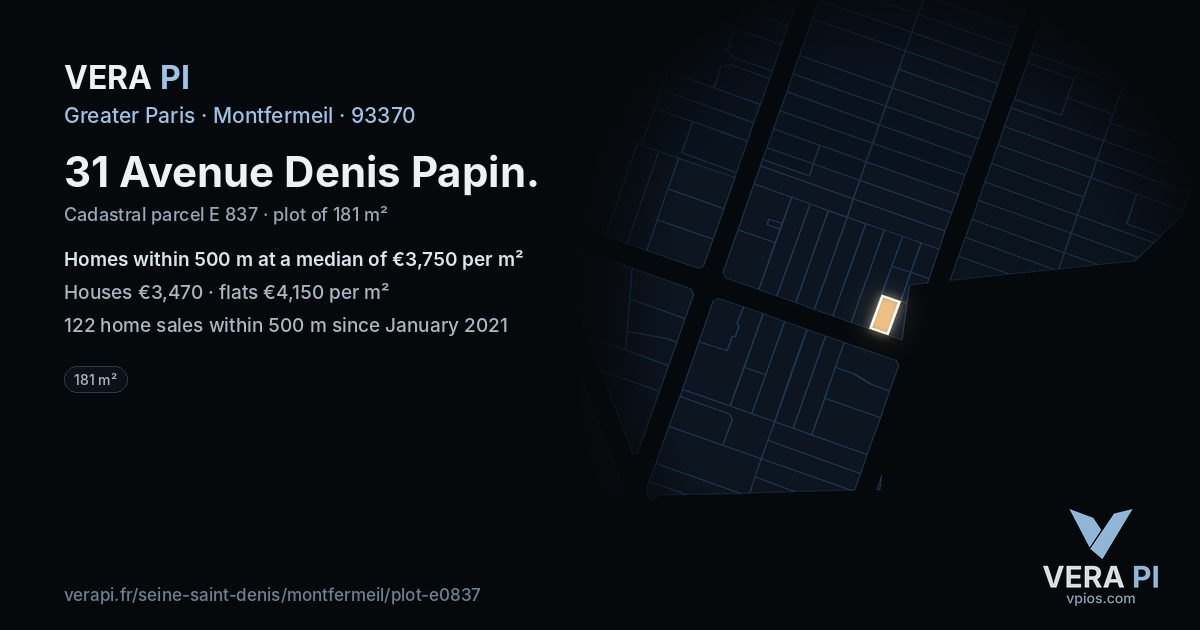 31 Avenue Denis Papin, Montfermeil at night – the plot lit, the parcels around coloured by the prices near them