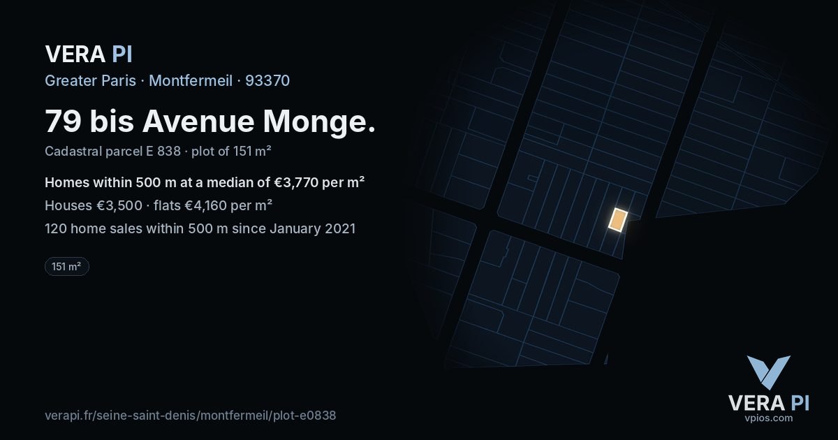 79 bis Avenue Monge, Montfermeil at night – the plot lit, the parcels around coloured by the prices near them