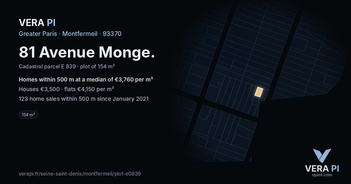 81 Avenue Monge, Montfermeil at night – the plot lit, the parcels around coloured by the prices near them