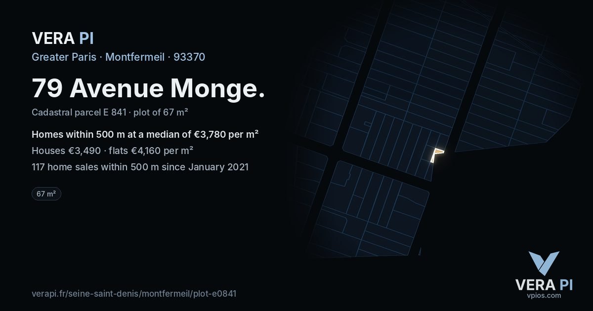 79 Avenue Monge, Montfermeil at night – the plot lit, the parcels around coloured by the prices near them