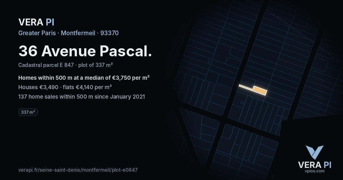 36 Avenue Pascal, Montfermeil at night – the plot lit, the parcels around coloured by the prices near them