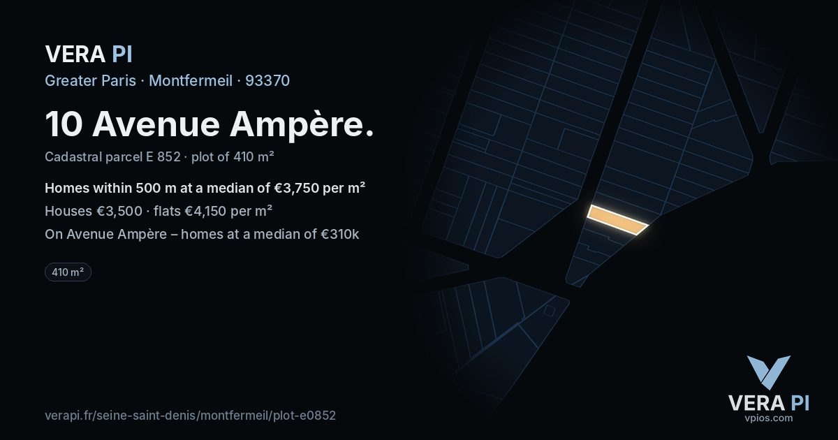 10 Avenue Ampère, Montfermeil at night – the plot lit, the parcels around coloured by the prices near them