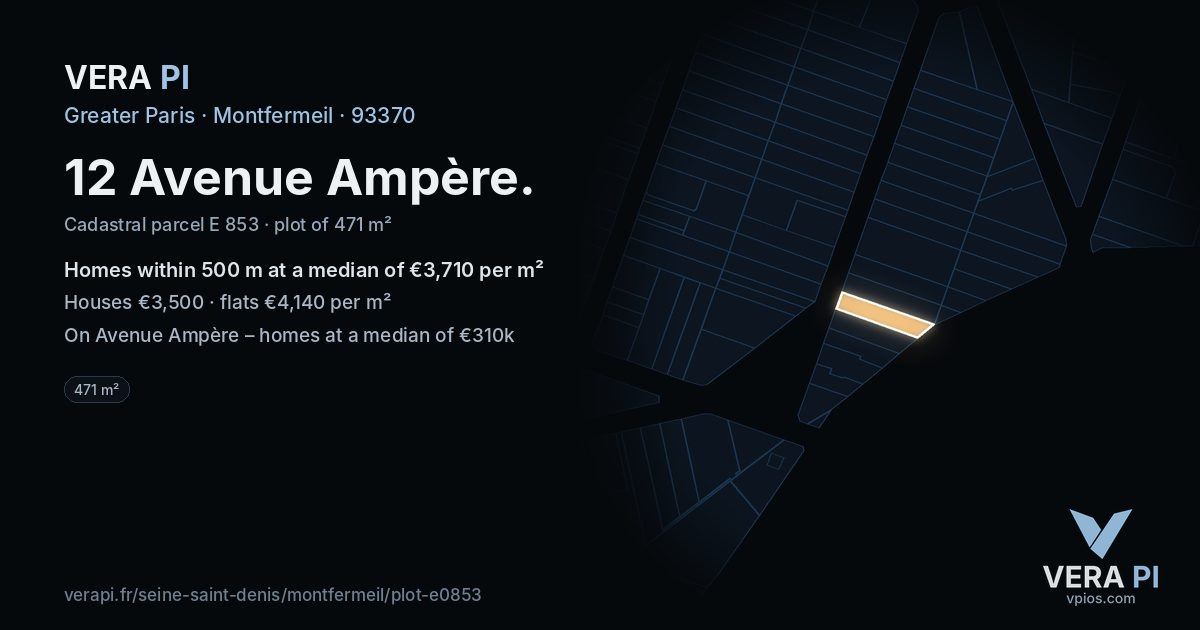 12 Avenue Ampère, Montfermeil at night – the plot lit, the parcels around coloured by the prices near them