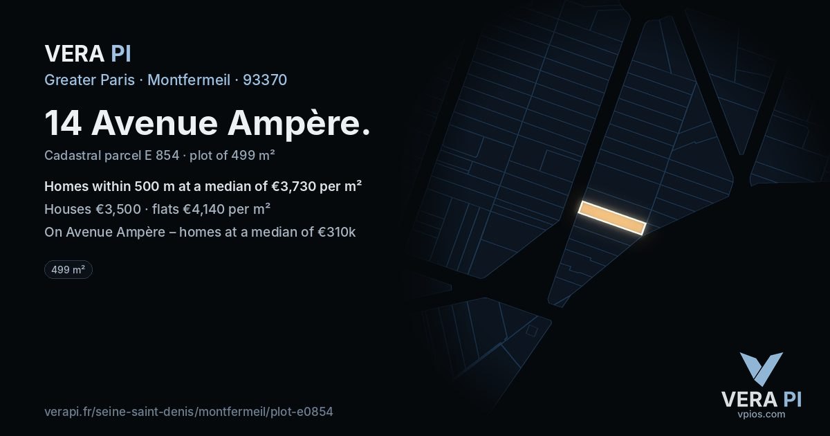 14 Avenue Ampère, Montfermeil at night – the plot lit, the parcels around coloured by the prices near them