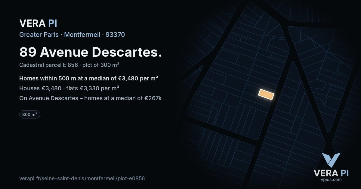 89 Avenue Descartes, Montfermeil at night – the plot lit, the parcels around coloured by the prices near them