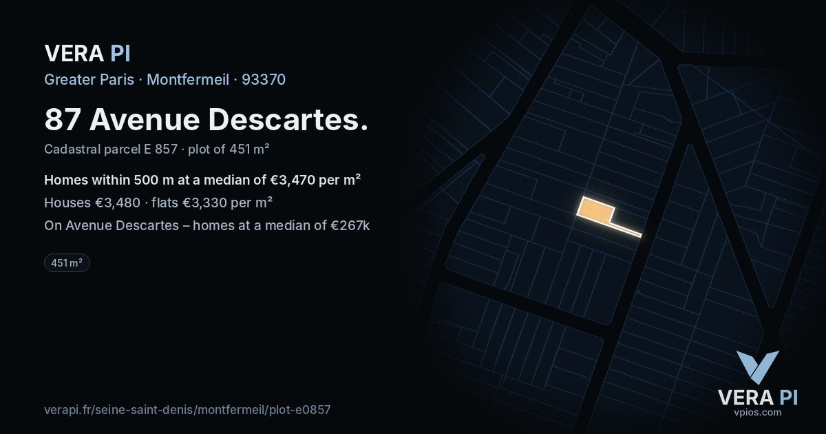 87 Avenue Descartes, Montfermeil at night – the plot lit, the parcels around coloured by the prices near them