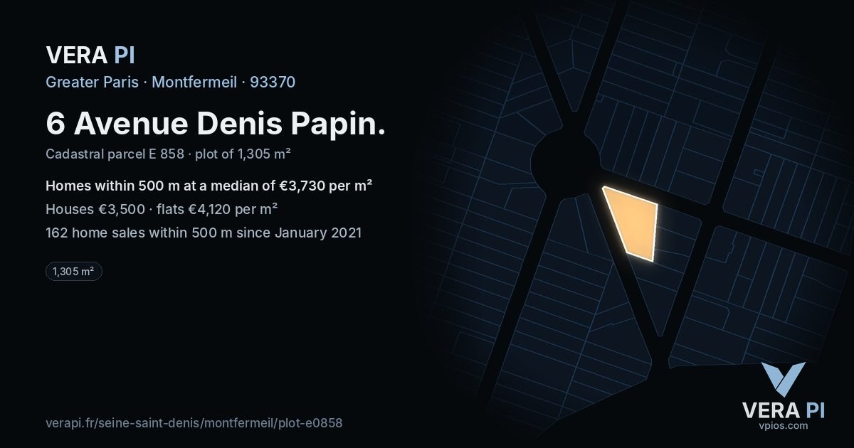 6 Avenue Denis Papin, Montfermeil at night – the plot lit, the parcels around coloured by the prices near them