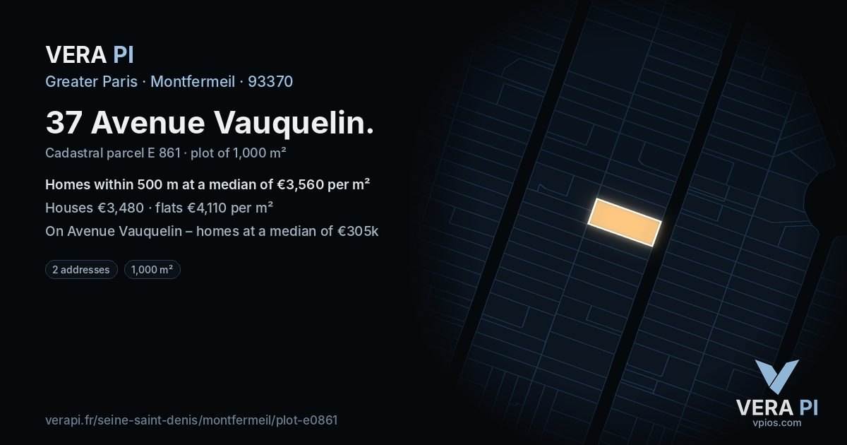 37 Avenue Vauquelin, Montfermeil at night – the plot lit, the parcels around coloured by the prices near them