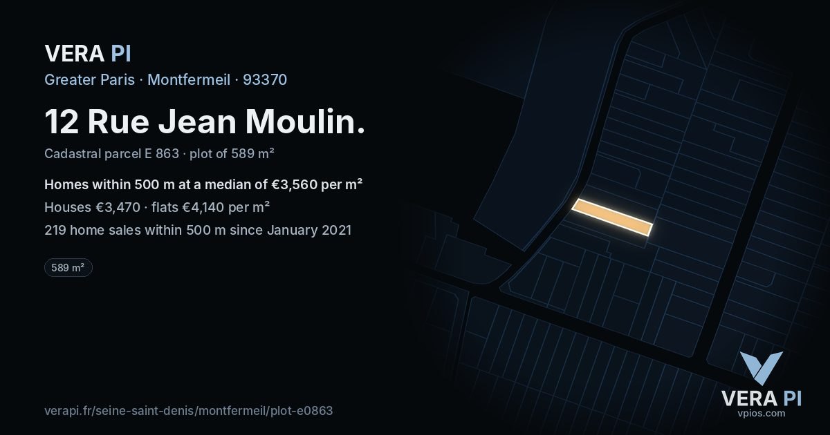 12 Rue Jean Moulin, Montfermeil at night – the plot lit, the parcels around coloured by the prices near them