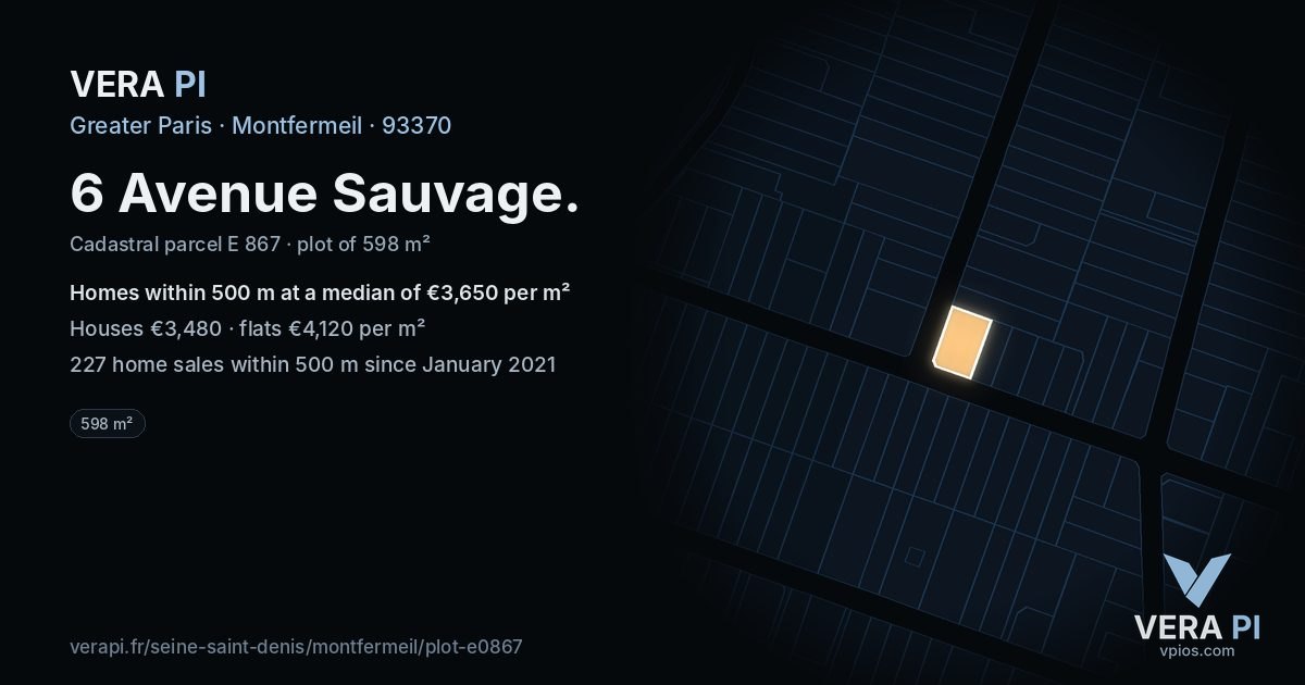 6 Avenue Sauvage, Montfermeil at night – the plot lit, the parcels around coloured by the prices near them