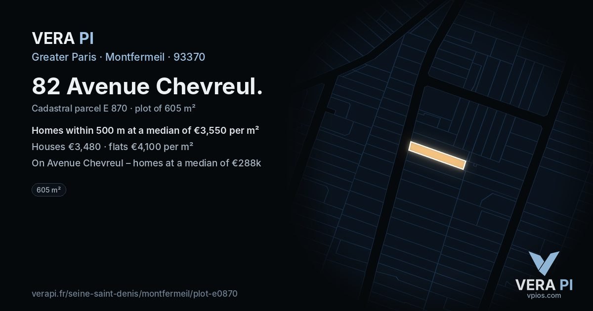 82 Avenue Chevreul, Montfermeil at night – the plot lit, the parcels around coloured by the prices near them
