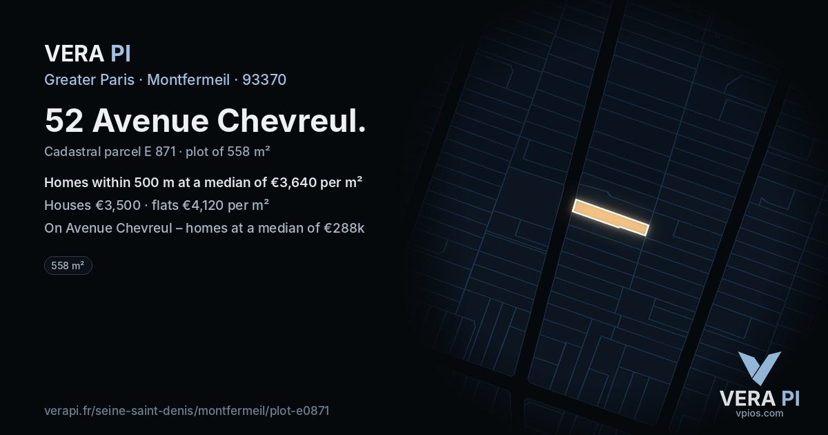 52 Avenue Chevreul, Montfermeil at night – the plot lit, the parcels around coloured by the prices near them