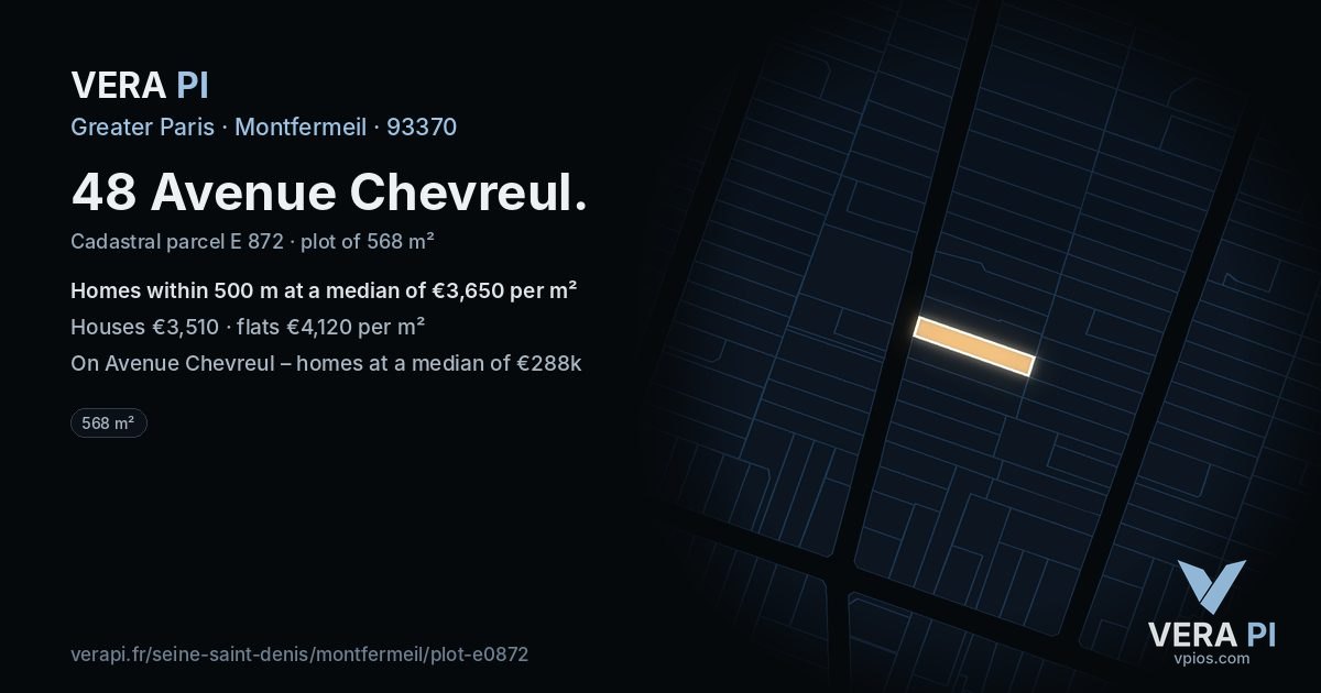 48 Avenue Chevreul, Montfermeil at night – the plot lit, the parcels around coloured by the prices near them