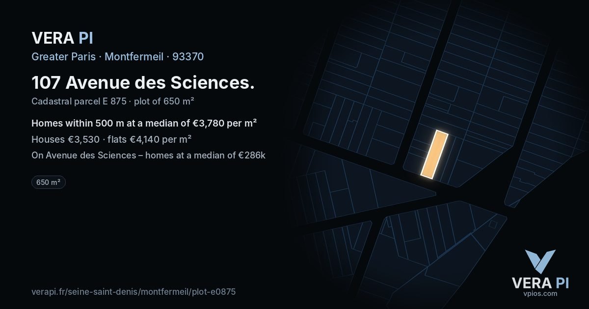 107 Avenue des Sciences, Montfermeil at night – the plot lit, the parcels around coloured by the prices near them