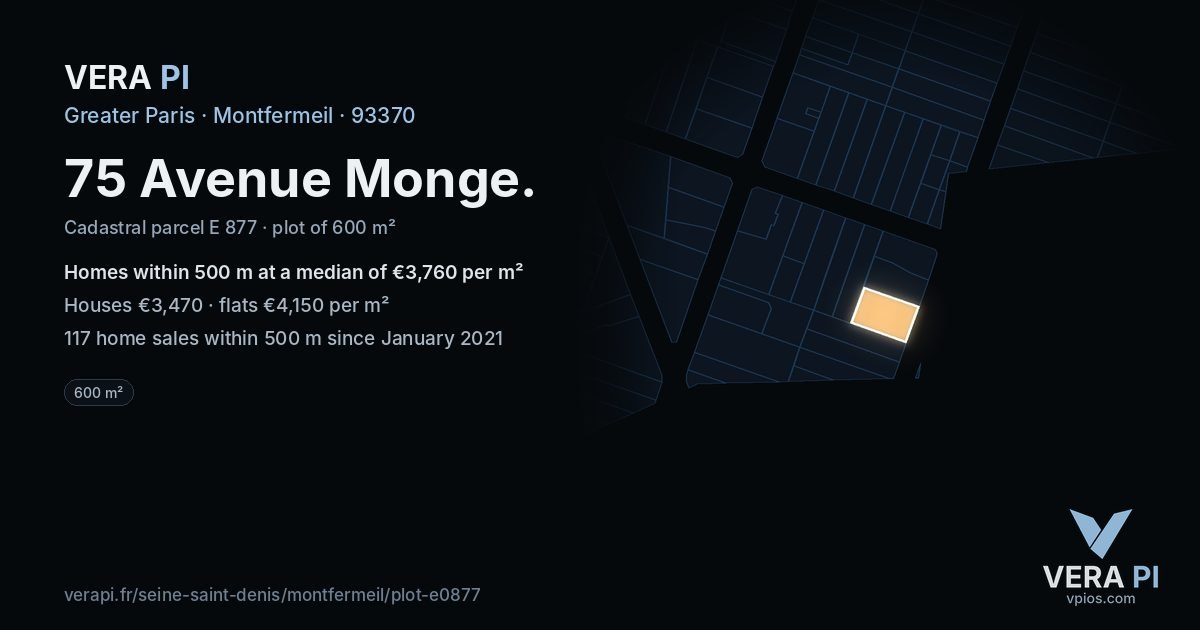 75 Avenue Monge, Montfermeil at night – the plot lit, the parcels around coloured by the prices near them