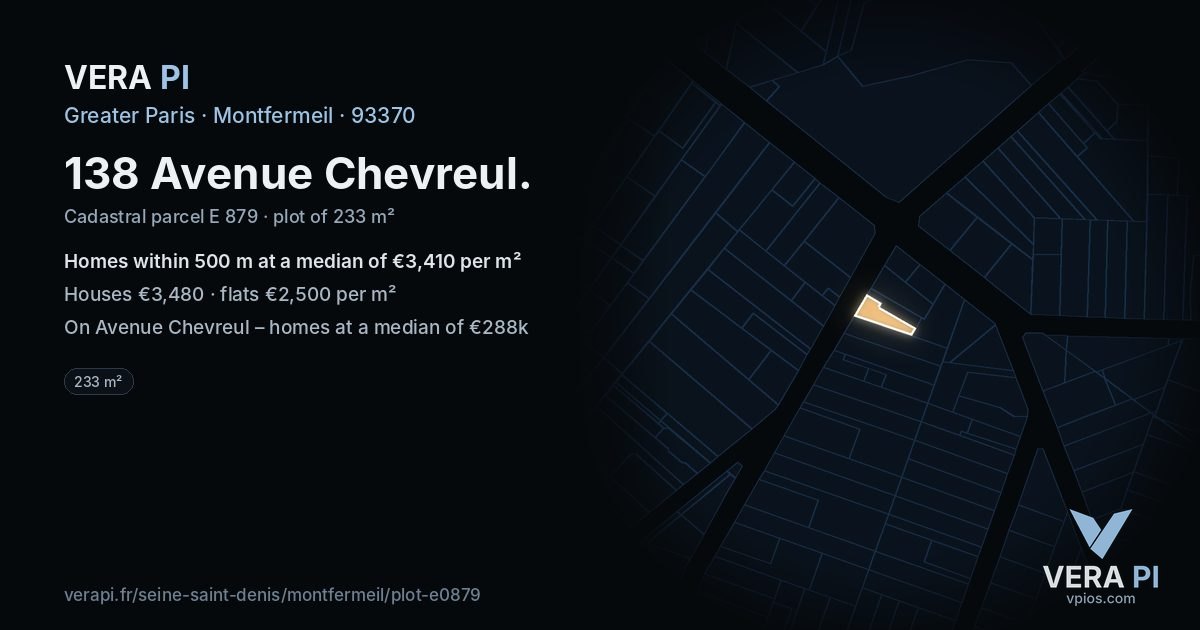 138 Avenue Chevreul, Montfermeil at night – the plot lit, the parcels around coloured by the prices near them