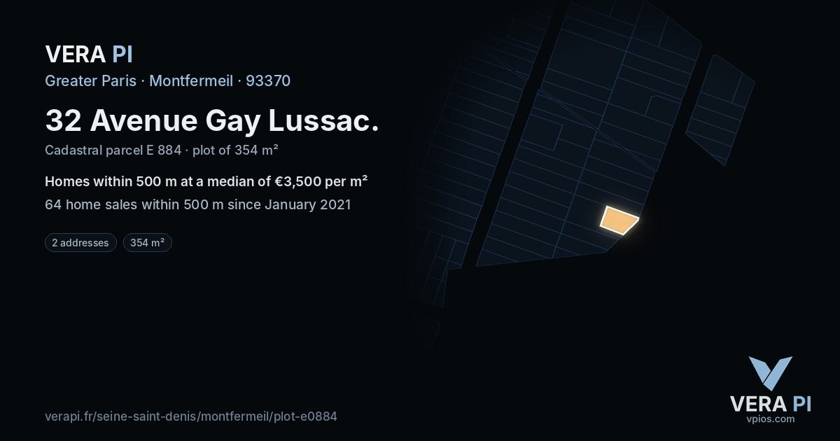 32 Avenue Gay Lussac, Montfermeil at night – the plot lit, the parcels around coloured by the prices near them