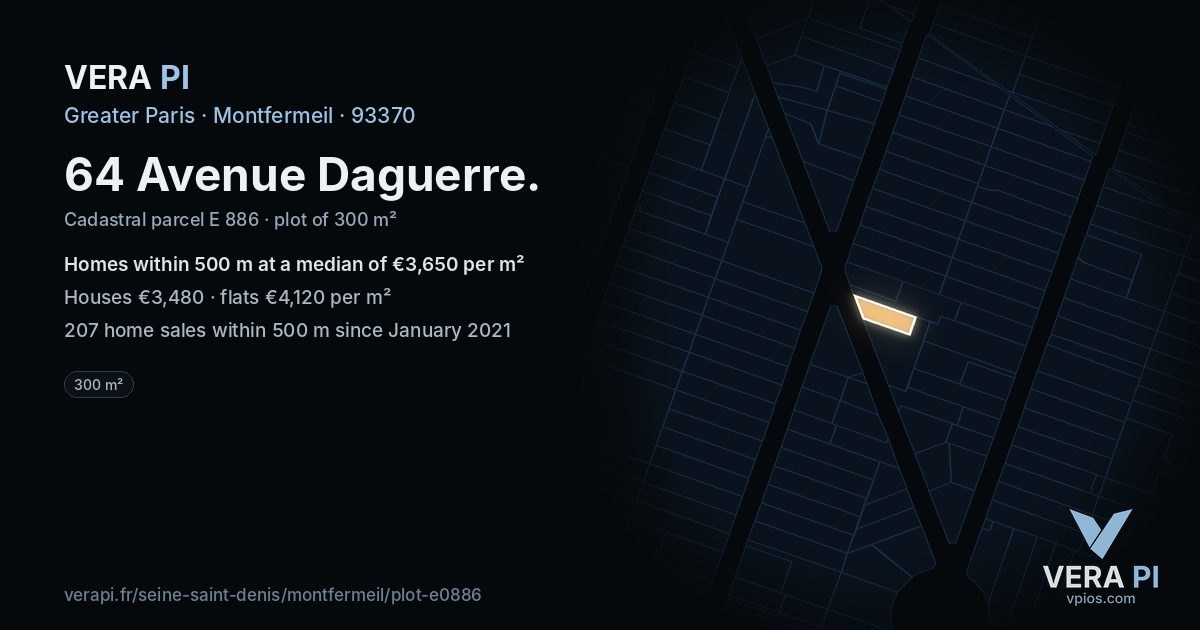 64 Avenue Daguerre, Montfermeil at night – the plot lit, the parcels around coloured by the prices near them