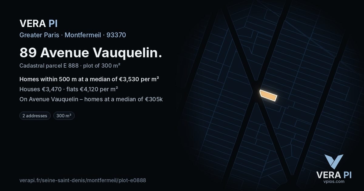 89 Avenue Vauquelin, Montfermeil at night – the plot lit, the parcels around coloured by the prices near them