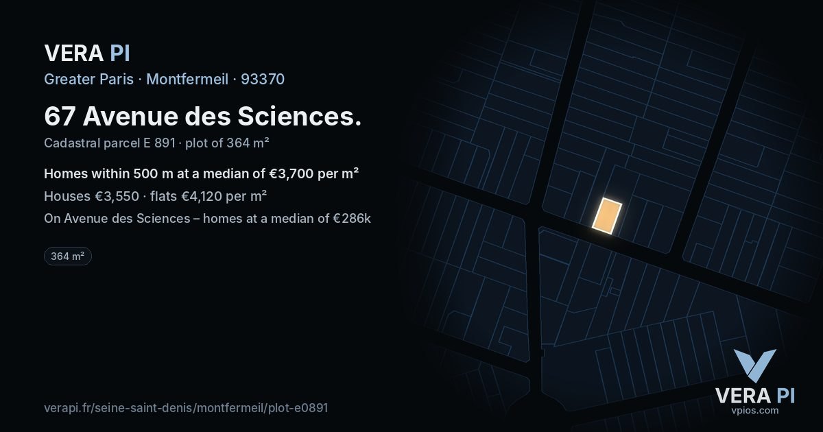 67 Avenue des Sciences, Montfermeil at night – the plot lit, the parcels around coloured by the prices near them